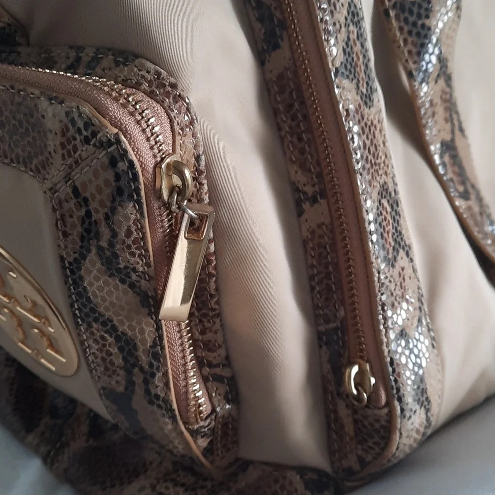 Tory Burch Beige Canvas Baby Bag with Snake-Print Trim